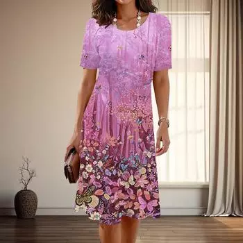 Женская мода изящный цветочный принт лето весна короткий рукав О-образный вырез повседневные платья XS синий