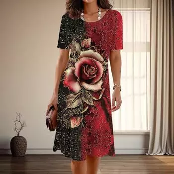 Женская мода изящный цветочный принт лето весна короткий рукав О-образный вырез повседневные платья XS синий
