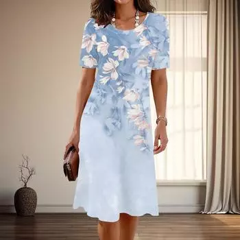 Женская мода изящный цветочный принт лето весна короткий рукав О-образный вырез повседневные платья XS синий