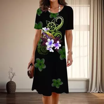 Женская мода изящный цветочный принт лето весна короткий рукав О-образный вырез повседневные платья XS синий