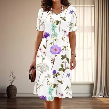 Женская мода изящный цветочный принт лето весна короткий рукав О-образный вырез повседневные платья XS зелёный