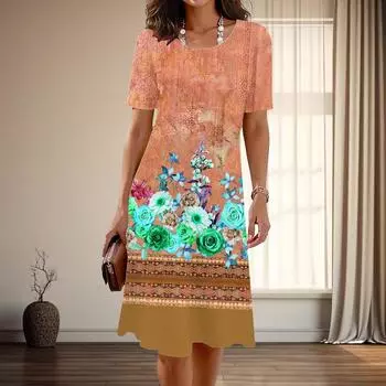 Женская мода изящный цветочный принт лето весна короткий рукав О-образный вырез повседневные платья XS зелёный