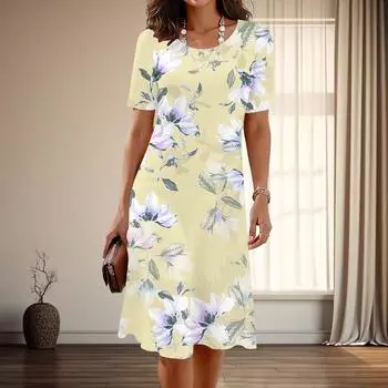 Женская мода изящный цветочный принт лето весна короткий рукав О-образный вырез повседневные платья XS зелёный