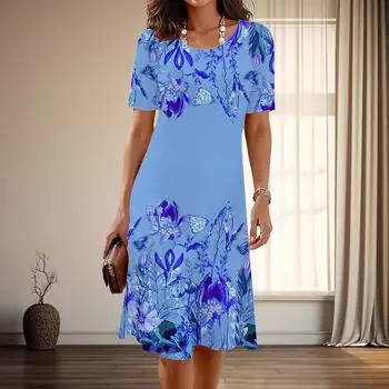Женская мода изящный цветочный принт лето весна короткий рукав О-образный вырез повседневные платья XS зелёный