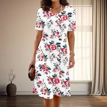 Женская мода изящный цветочный принт лето весна короткий рукав О-образный вырез повседневные платья XS синий