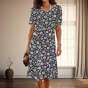 Женская мода изящный цветочный принт лето весна короткий рукав О-образный вырез повседневные платья XS зелёный
