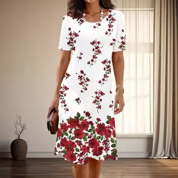 Женская мода изящный цветочный принт лето весна короткий рукав О-образный вырез повседневные платья XS зелёный