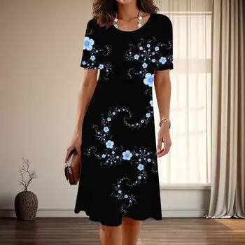 Женская мода изящный цветочный принт лето весна короткий рукав О-образный вырез повседневные платья XS синий