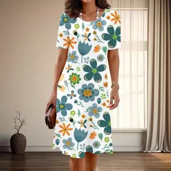 Женская мода изящный цветочный принт лето весна короткий рукав О-образный вырез повседневные платья XS синий