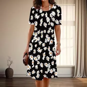 Женская мода изящный цветочный принт лето весна короткий рукав О-образный вырез повседневные платья XS синий