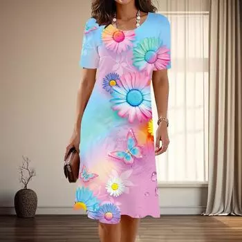 Женская мода изящный цветочный принт лето весна короткий рукав О-образный вырез повседневные платья XS синий