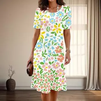 Женская мода изящный цветочный узор принт лето весна короткий рукав О-образный вырез повседневные платья XS жёлтый