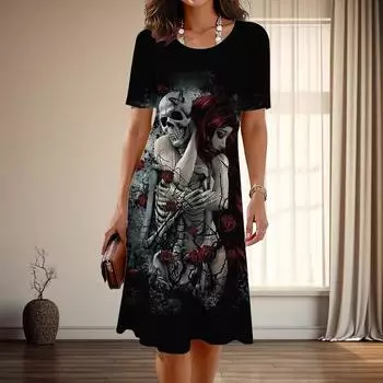 Женская мода изящный готический принт лето весна короткий рукав О-образный вырез повседневные платья XS чёрный