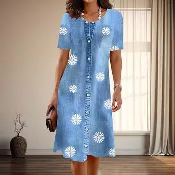 Женская мода изящный ковбойский принт лето весна короткий рукав О-образный вырез повседневные платья XS синий