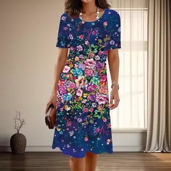 Женская мода изящный красивый цветочный принт лето весна короткий рукав О-образный вырез повседневные платья XS синий