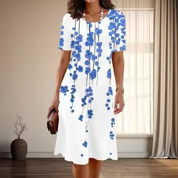 Женская мода изящный красивый цветочный принт лето весна короткий рукав О-образный вырез повседневные платья XS синий
