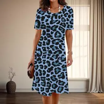 Женская мода изящный леопардовый принт принт лето весна короткий рукав О-образный вырез повседневные платья XS синий