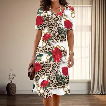 Женская мода изящный леопардовый принт принт лето весна короткий рукав О-образный вырез повседневные платья XS синий