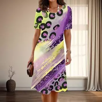 Женская мода изящный леопардовый принт принт лето весна короткий рукав О-образный вырез повседневные платья XS зелёный