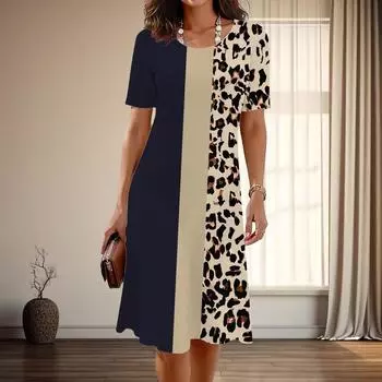 Женская мода изящный леопардовый принт принт лето весна короткий рукав О-образный вырез повседневные платья XS синий