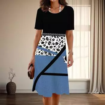 Женская мода изящный леопардовый принт принт лето весна короткий рукав О-образный вырез повседневные платья XS синий