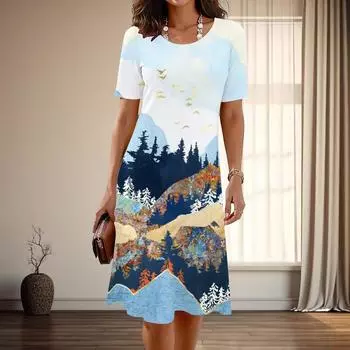 Женская мода изящный лесной принт лето весна короткий рукав О-образный вырез повседневные платья XS белый