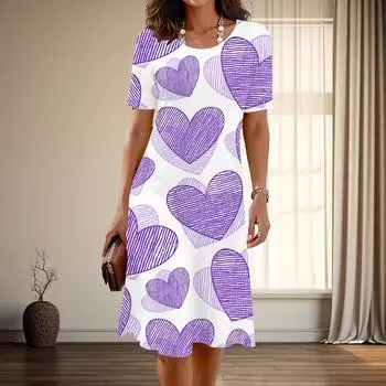 Женская мода изящный любовный принт лето весна короткий рукав О-образный вырез повседневные платья XS синий