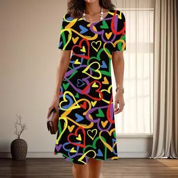 Женская мода изящный любовный принт лето весна короткий рукав О-образный вырез повседневные платья XS синий