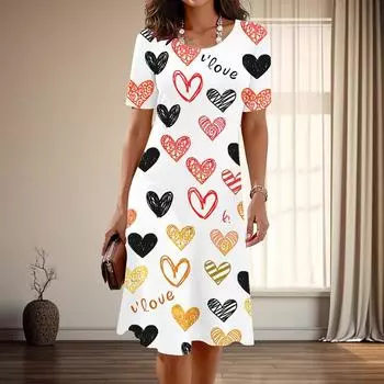 Женская мода изящный любовный принт лето весна короткий рукав О-образный вырез повседневные платья XS розовый