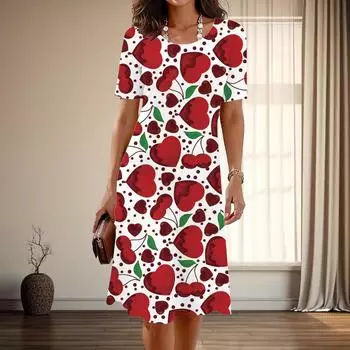 Женская мода изящный любовный принт лето весна короткий рукав О-образный вырез повседневные платья XS синий