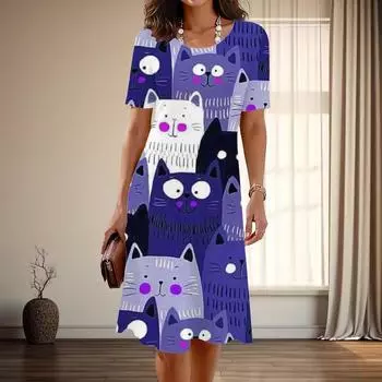 Женская мода изящный милый кошачий принт лето весна короткий рукав О-образный вырез повседневные платья XS синий