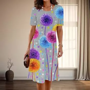Женская мода изящный одуванчик принт лето весна короткий рукав О-образный вырез повседневные платья XS синий