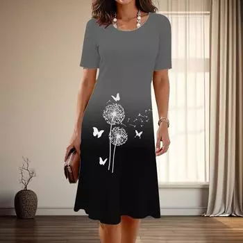 Женская мода изящный одуванчик принт лето весна короткий рукав О-образный вырез повседневные платья XS синий