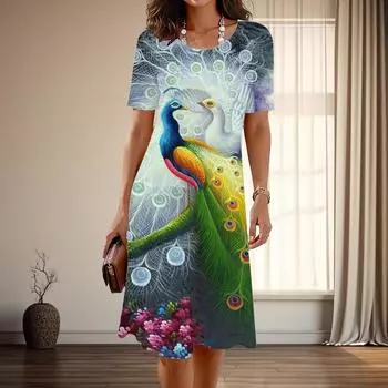 Женская мода изящный павлин принт лето весна короткий рукав О-образный вырез повседневные платья XS фиолетовый