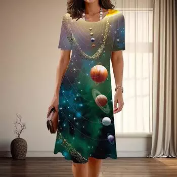 Женская мода изящный планета принт лето весна короткий рукав О-образный вырез повседневные платья XS зелёный