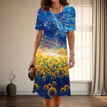 Женская мода изящный подсолнух принт лето весна короткий рукав О-образный вырез повседневные платья XS синий