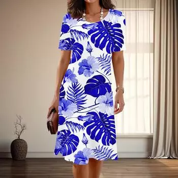 Женская мода изящный повседневные платья с принтом листьев подорожника на лето и весну с коротким рукавом и круглым вырезом XS зелёный