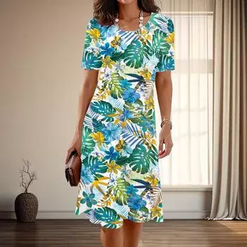 Женская мода изящный повседневные платья с принтом листьев подорожника на лето и весну с коротким рукавом и круглым вырезом XS синий