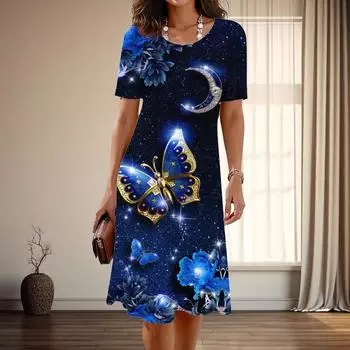 Женская мода изящный принт бабочки лето весна короткий рукав О-образный вырез повседневные платья XS синий