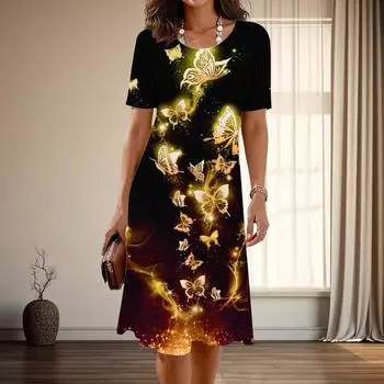 Женская мода изящный принт бабочки лето весна короткий рукав О-образный вырез повседневные платья XS синий