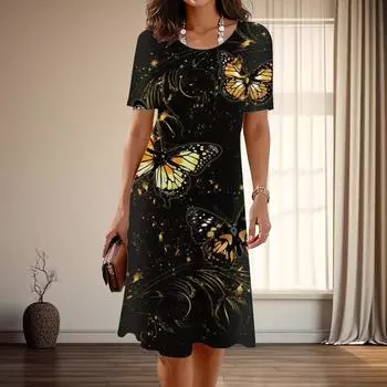 Женская мода изящный принт бабочки лето весна короткий рукав О-образный вырез повседневные платья XS синий