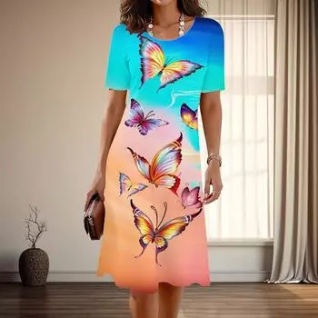 Женская мода изящный принт бабочки лето весна короткий рукав О-образный вырез повседневные платья XS синий