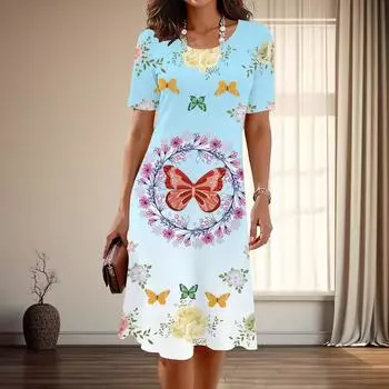 Женская мода изящный принт бабочки лето весна короткий рукав О-образный вырез повседневные платья XS синий