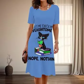 Женская мода изящный принт кошечки лето весна короткий рукав О-образный вырез повседневные платья XS зелёный