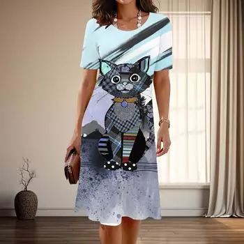 Женская мода изящный принт кошечки лето весна короткий рукав О-образный вырез повседневные платья XS синий
