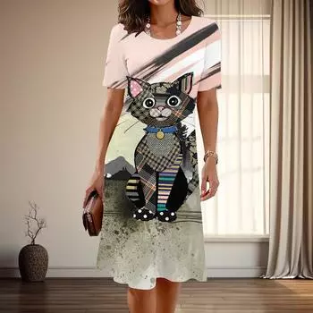 Женская мода изящный принт котенка лето весна короткий рукав О-образный вырез повседневные платья XS розовый