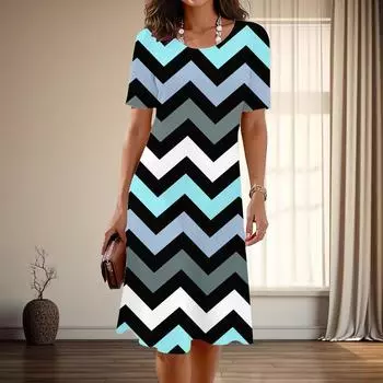 Женская мода изящный принт линия лето весна короткий рукав О-образный вырез повседневные платья XS зелёный