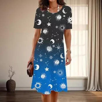 Женская мода изящный принт луны и звезд лето весна короткий рукав О-образный вырез повседневные платья XS синий