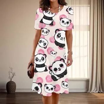 Женская мода изящный принт с маленьким медвежонком лето весна короткий рукав О-образный вырез повседневные платья XS розовый
