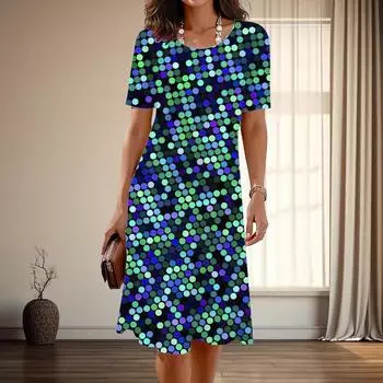 Женская мода изящный принт с пайетками лето весна короткий рукав О-образный вырез повседневные платья XS фиолетовый